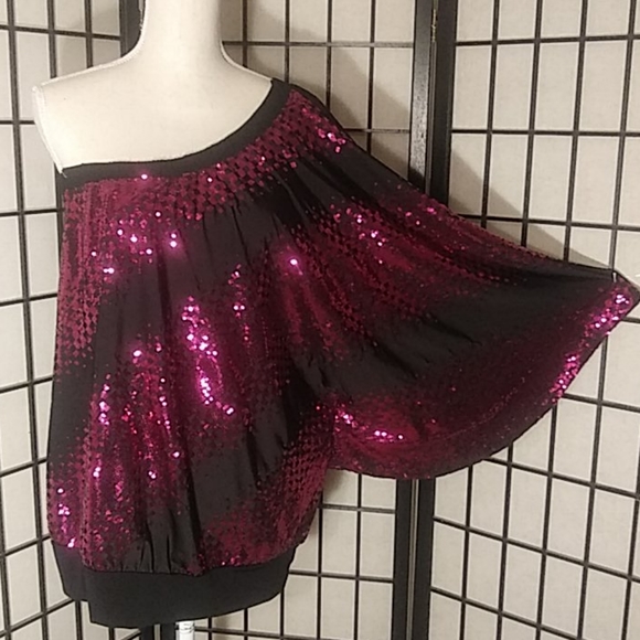 torrid Tops - Torrid Sequin Pink and Black One Shoulder Blouse